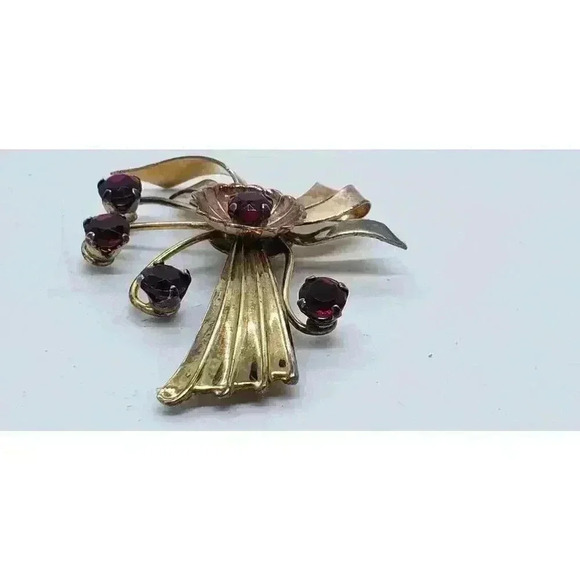 RARE Vintage Harry Iskin 12K Gold Filled Cherry Red Rhinestone Flower Brooch 40s - Picture 4 of 12